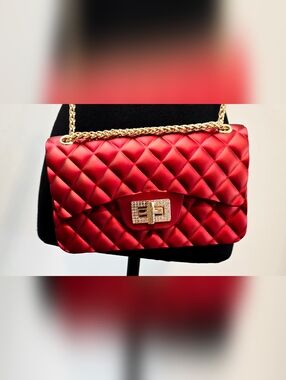 Quilted Red Jelly Crossbody Bag Gold Chain Rhinestone Clasp Y2K Glam Statement